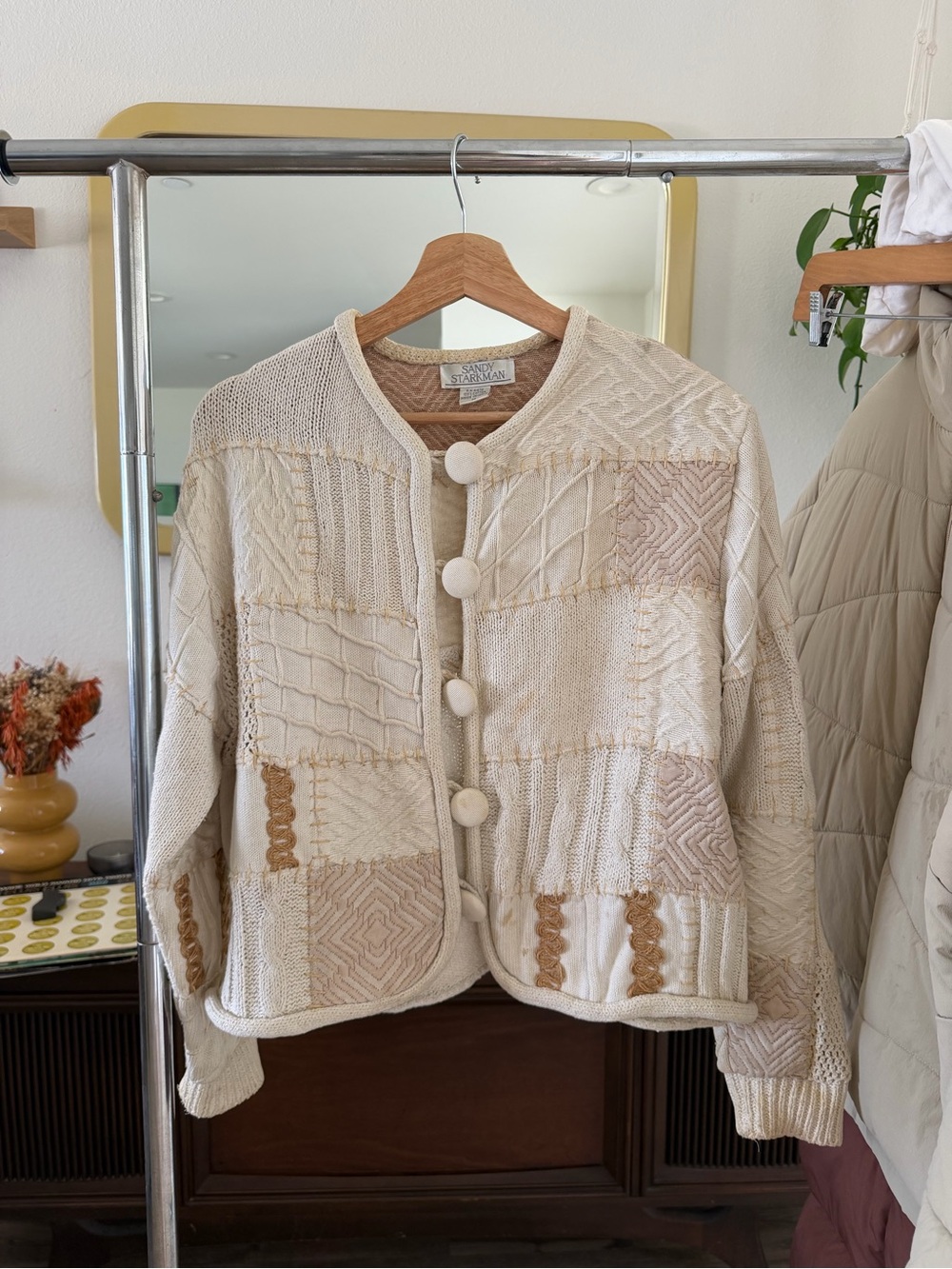 Vintage-Inspired Patchwork Knit Jacket - Cream